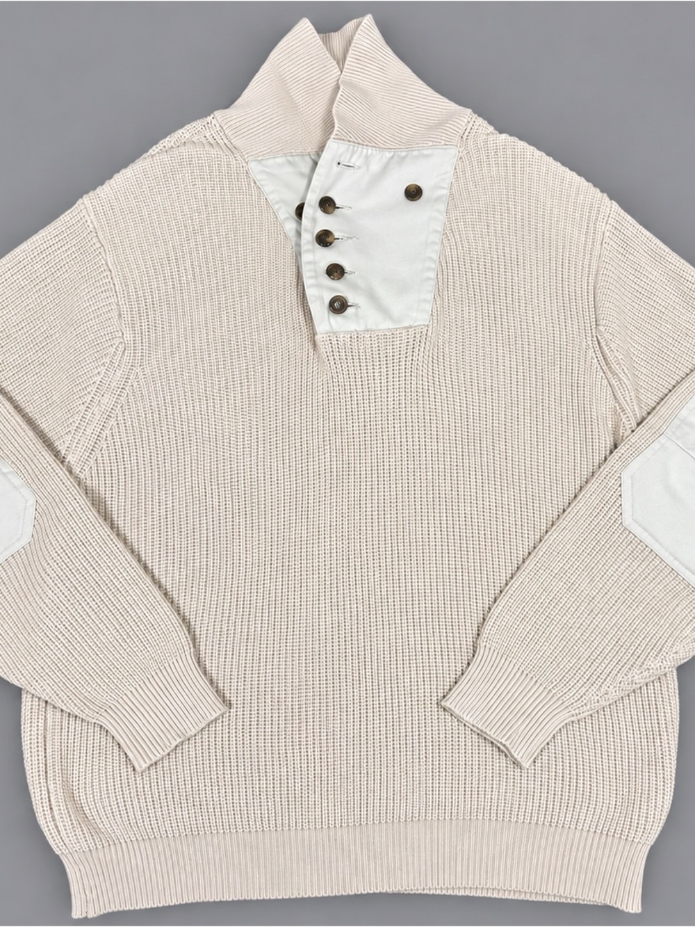 Orvis Button Collar Sweater Beige XL Elbow Pads